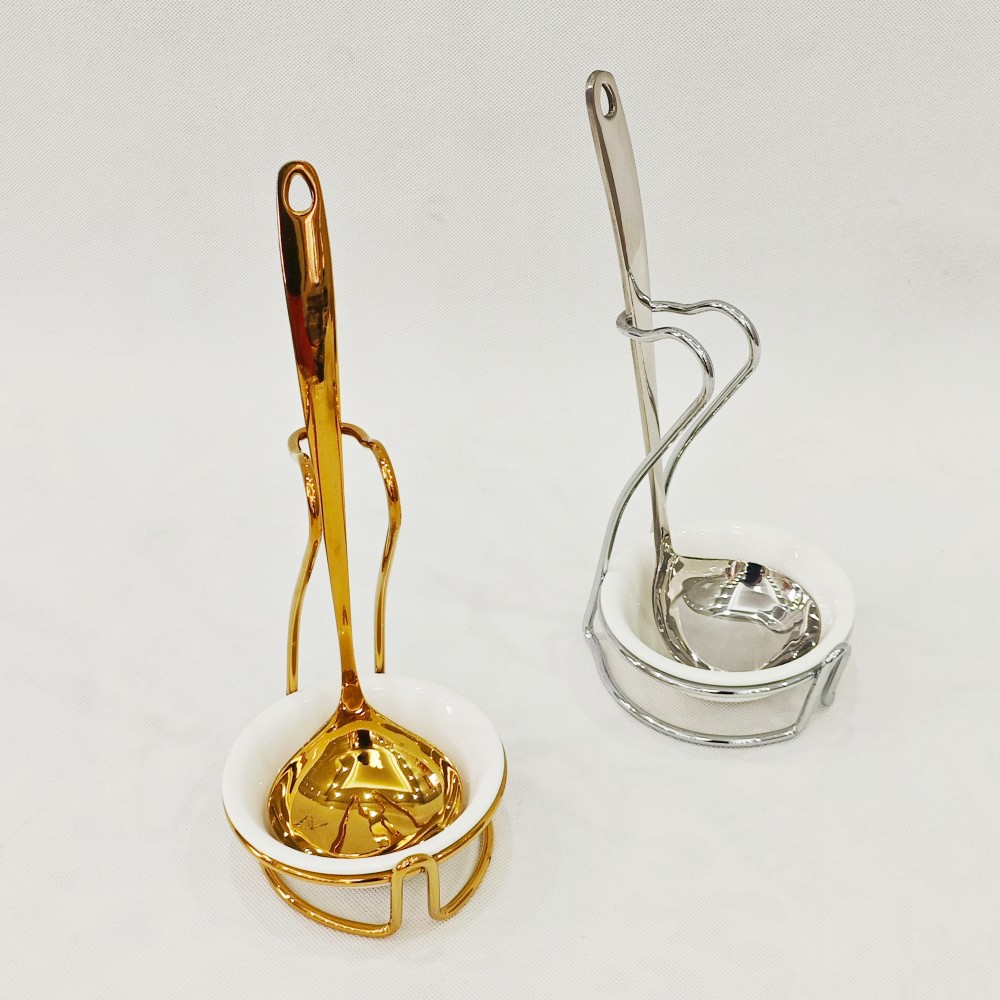 Estufa de autoservicio de acero inoxidable de alta calidad, juego de estante de cuchara de sopa, caja de sopa de olla caliente dorada, estante de cuchara de sopa, sets de spoon
