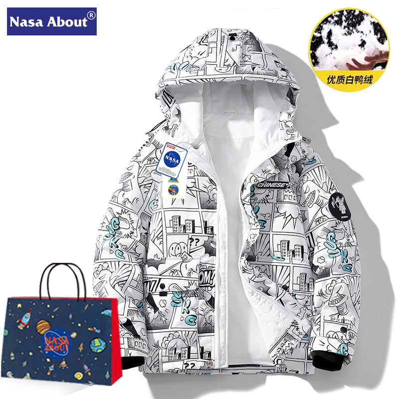 NASA Dragon Ball creativo graffiti stand collar abajo chaqueta hombres pareja invierno cálido engrosada 90 pato blanco abajo marea