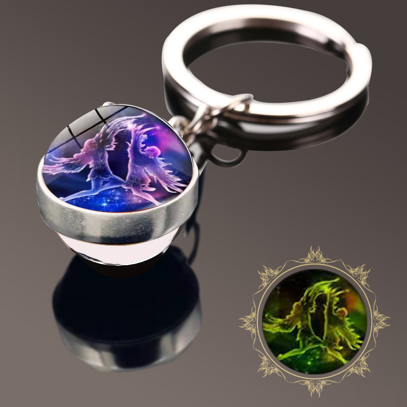 Amazon nuevo luminoso doce constelación tiempo gema de doble cara bola de cristal llavero colgante pequeño regalo