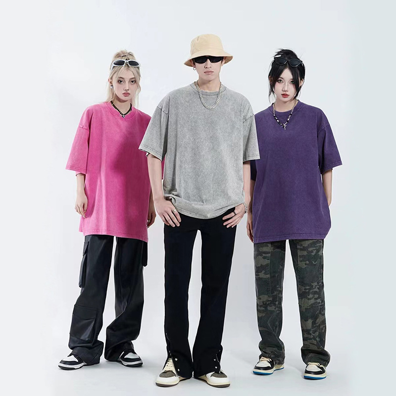 Camiseta de manga corta rosa lavada con agua de verano nueva camiseta de cuello redondo suelta de gran tamaño americana retro in camiseta de marca de moda