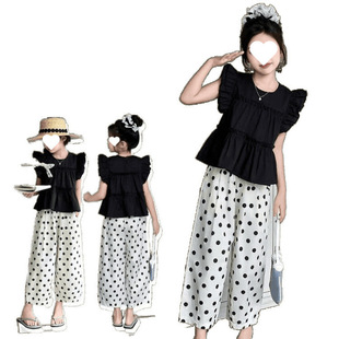 Girls' Summer Sleeveless Casual Polka Dot Pants Set for Older and Younger Children, Fashionable and Stylish Children's Summer Outfit