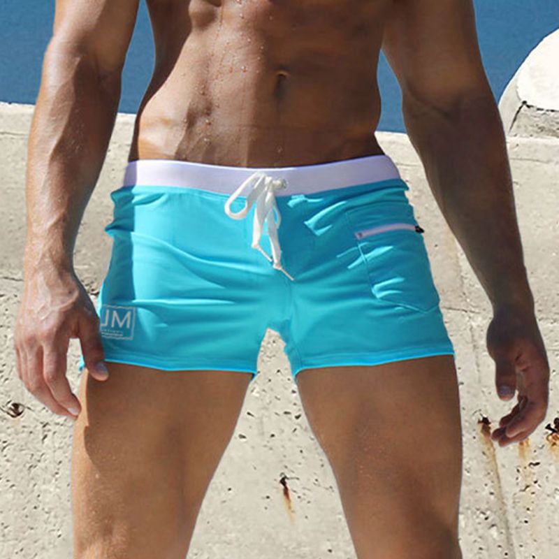 JOCKMAIL Men's Low Waist Zipper Pocket Hot Spring Swimming Trunks