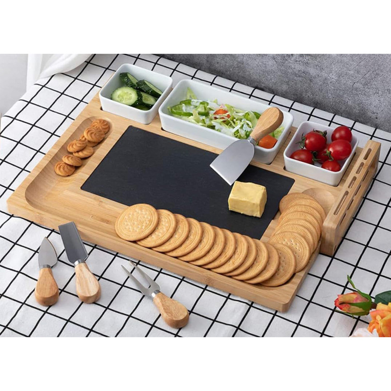 Tablero de queso de bambú cocina hogar tabla de cortar con cuchillo de pizarra y tenedor traje tabla de cortar fruta postre merienda bandeja