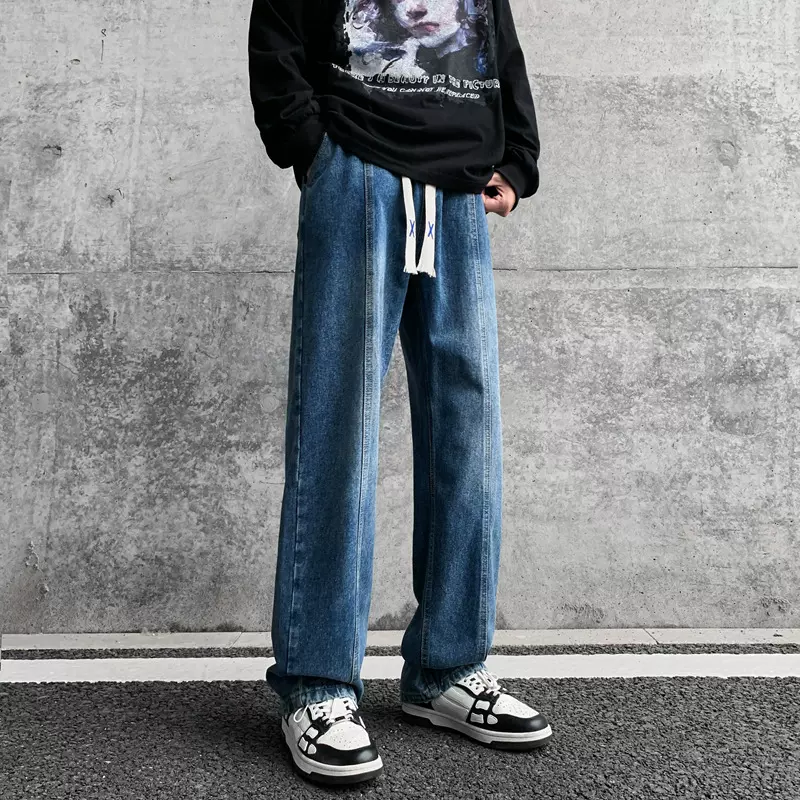 美式牛仔裤男款春季水洗做旧小众黄泥染长裤潮牌高街宽松直筒裤子