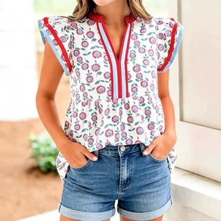 欧美休闲风印花撞色镶边上衣女2026年夏季新款套头V领短袖雪纺衫