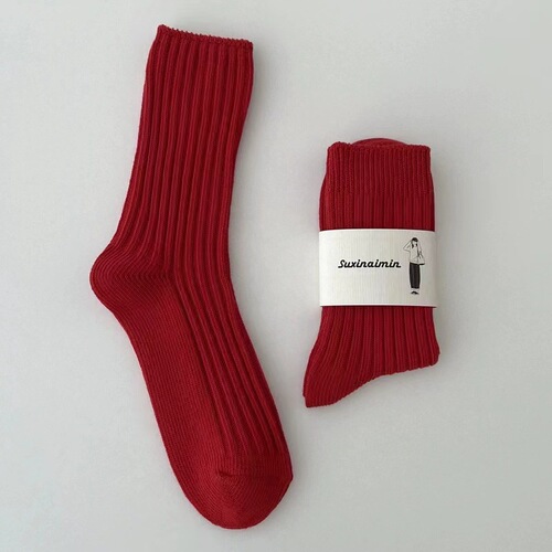Big red socks women's mid-calf solid color cotton socks autumn and winter Year of the Dragon and animal year wedding couple New Year's warm socks