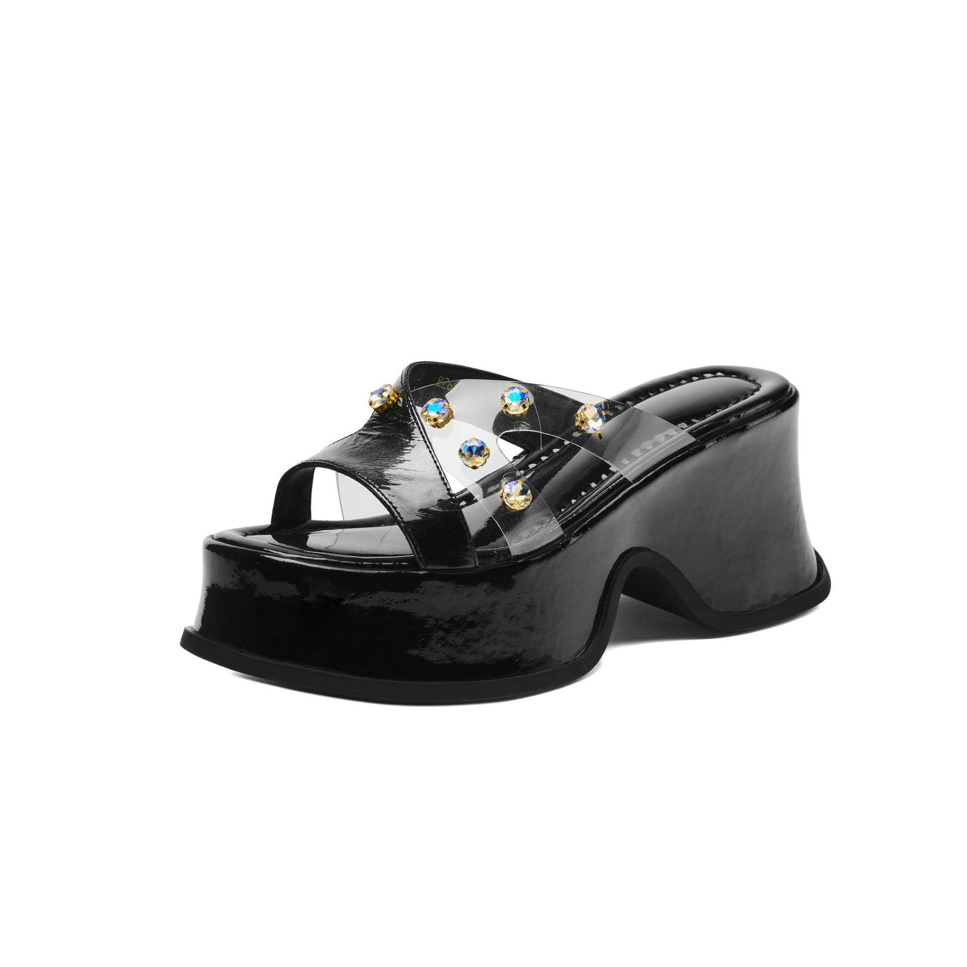 Sandal cao gót nữ đính đá trong suốt quai ngang gót 9cm đế xuồng — Màu đen, Màu trắng be, Màu mơ