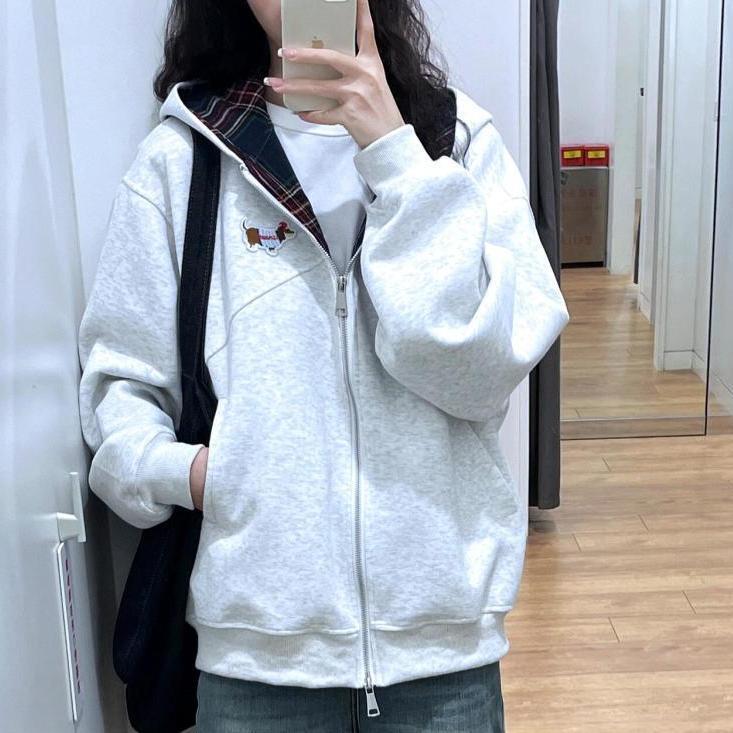 美式复古格子连帽卫衣女春秋季2025新款百搭小个子韩系慵懒风外套|undefined
