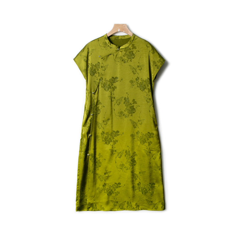 New Chinese-Style Retro Full-Button Short-Sleeve Jacquard Loose-Fitting Improved Cheongsam Dress for Summer