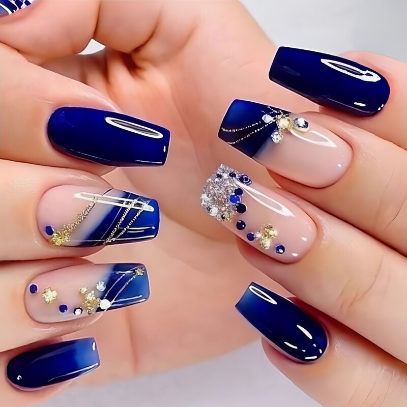 Blue Sparkling Diamond Mid-Length Ballet Nails European and American Fashion Hot-Selling Fake Nails Wholesale Ins Style Wearable Nails Removable
