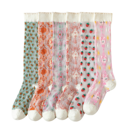 Socks for women ins trendy thin calf socks net celebrity jk strawberry transparent glass crystal cassette knee-high stockings