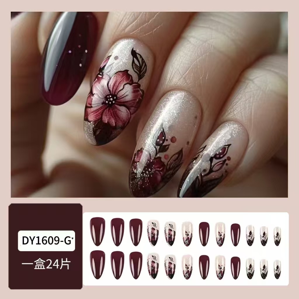 Ventas transfronterizas floral de manicura pegatinas de gota de agua parches de uñas en polvo brillante al por mayor vinagre rojo profundo desgaste de uñas