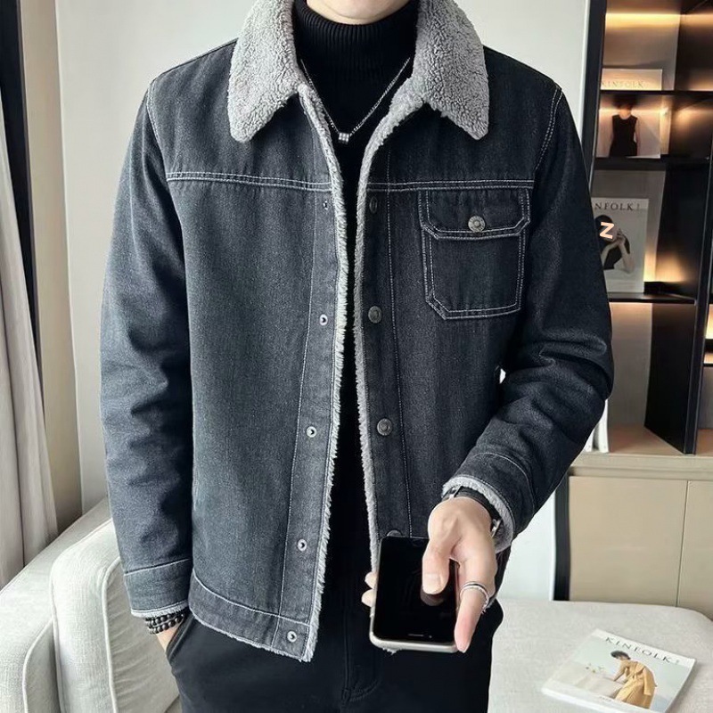 Men's Denim Jacket With Fleece And Men's Lamb Fleece Slim Fit Collar Casual Jacket Thick_voghion.com