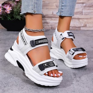 Wedge Platform Sandals Women's 2025 Summer New Arrival One-Word Velcro Platform Fashionable All-Match Beach Sandals for Women