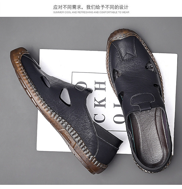 Giày sandal da nam thủ công đan dây, thoáng khí khoét lỗ, kiểu bao đầu — Màu kaki, màu đen chi tiết 11