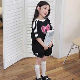 2025女童夏季新款纯棉T恤童装洋气中大童三条杠短袖打底半袖上衣