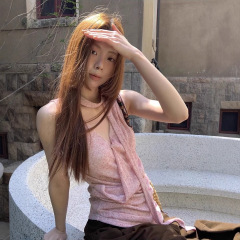 设计感粉色交叉v领吊带背心女夏季褶皱修身无袖外穿辣妹飘带上衣