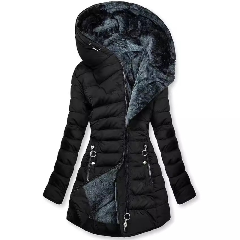 In Stock 2025Wish Amazon Hot-Selling Plush Hooded Mid-Length Diagonal Zipper Cotton Jacket for Women 9060