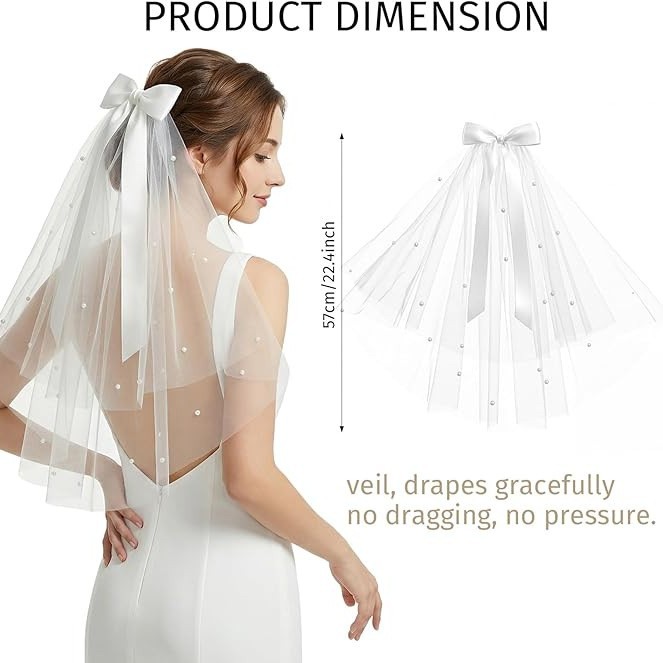 Double-Layer Bridal Bowknot Pearl Veil with Hair Accessory