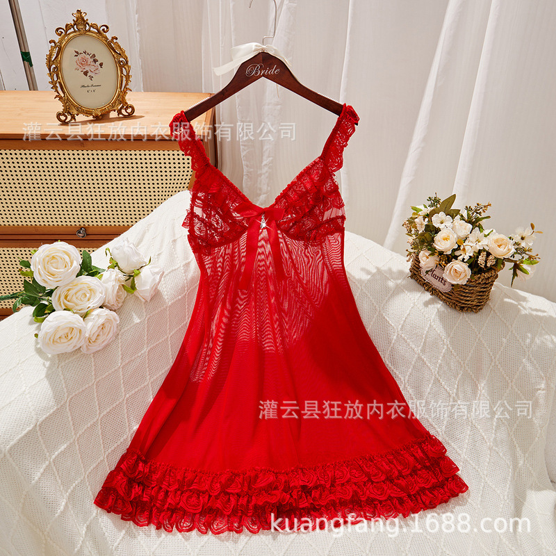 European and American Foreign Trade Sexy Small Sling Nightgown Retro Lace Heavy Industry Lace Hollow Cute and Sexy Sleep