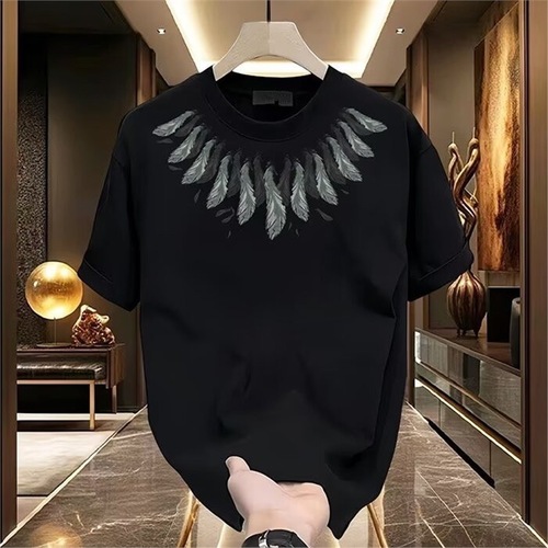 Heavyweight trendy pure cotton printed men's short sleeve T-shirt 2025 summer fashion casual round neck T-shirt