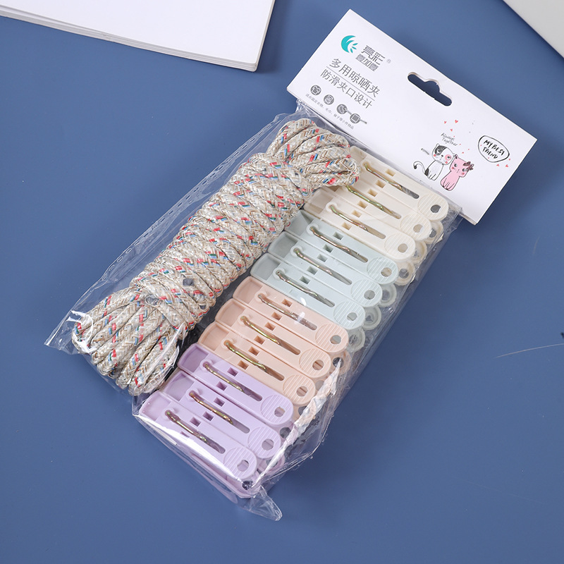 Multifunctional 12 Clips + Rope Set Colorful Plastic Clothes and Socks Clips for Drying Clothes and Socks Outdoor Windproof and Blow-Proof Clips