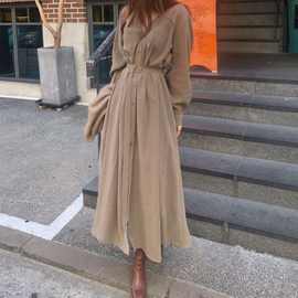 韩国chic简约优雅V领长袖单排扣系带收腰显瘦纯色长款过膝连衣裙
