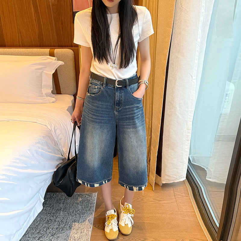 Trendy Women's Denim Pants Summer Thin High-Waisted Stretchy Wide-Leg Fashion Petite Cropped Straight Pants