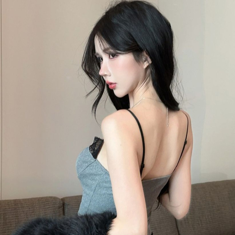 Hot Girl Retro Gray Lace Patchwork Camisole Top for Women, Summer Pure Desire Style, Sexy Waist-Cinching Slimming Elegant Top Hot Girl Retro Gray Lace Patchwork Camisole Top for Women, Summer Pure Desire Style, Sexy Waist-Cinching Slimming Elegant Top