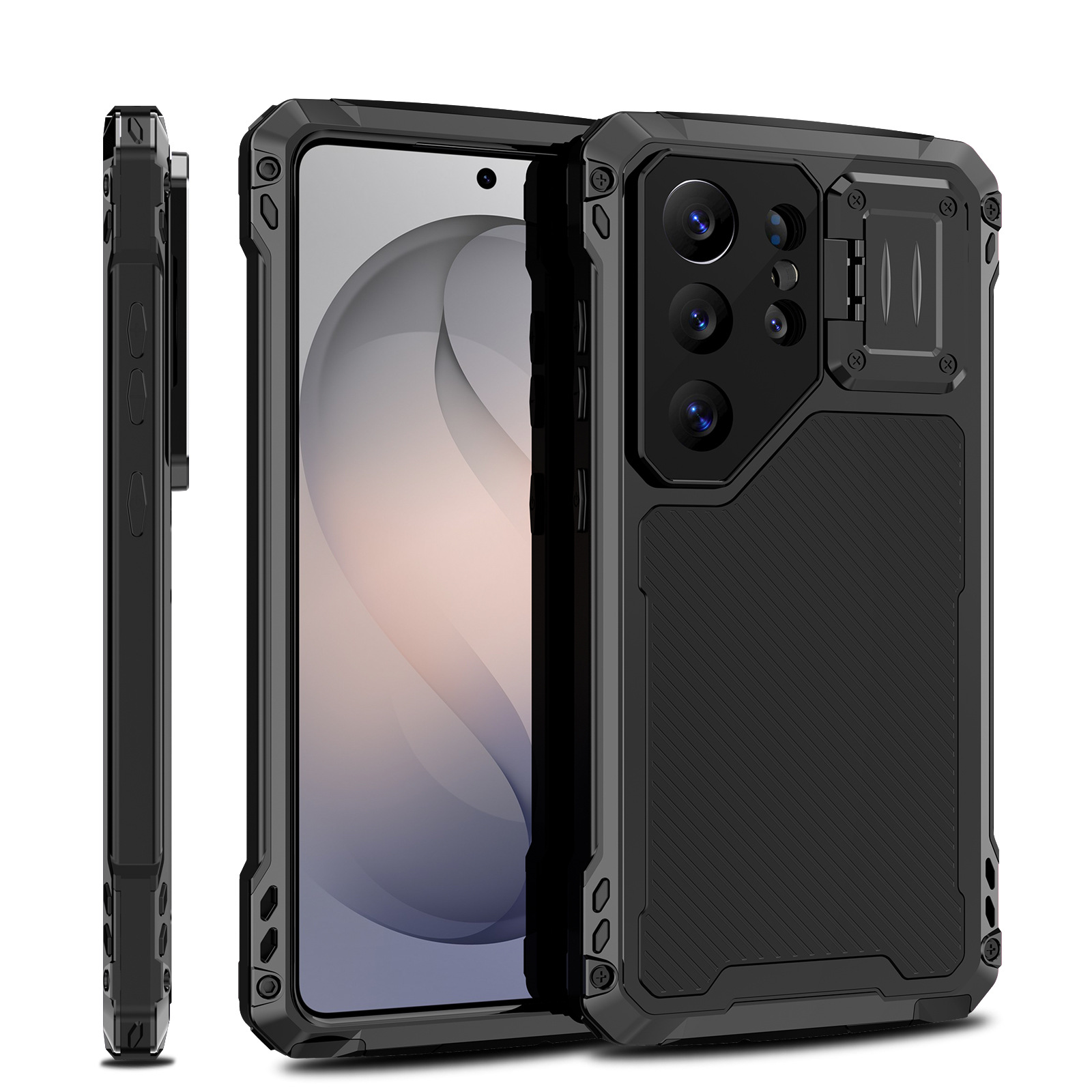 Ốp lưng Samsung S26 Ultra kim loại chống sốc, khung viền dày bảo vệ toàn diện, có giá đỡ ống kính và nam châm MagSafe — Đen, Đỏ, Xanh dương
