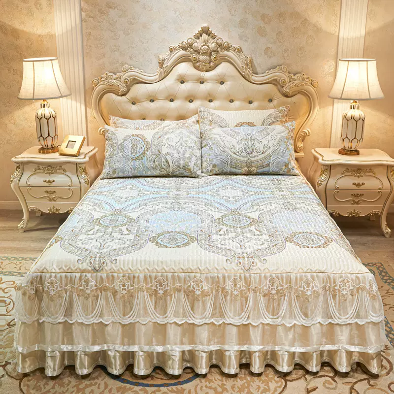欧式蕾丝床裙款冰丝席三件套1.8米加厚可折叠机洗凉席空调软席子