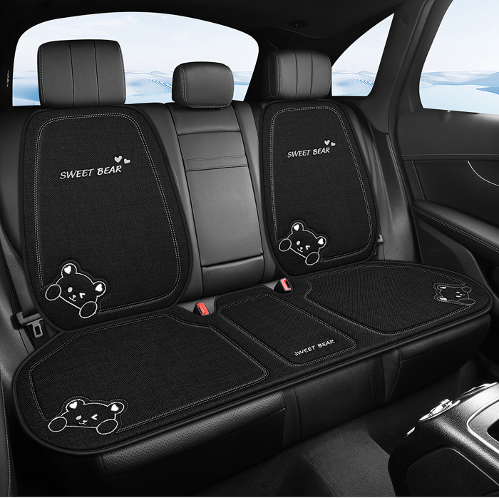 Car Seat Cushion for All Seasons, Linen Cartoon Rear Seat Cushion, Single-Piece Seat Cover for Women