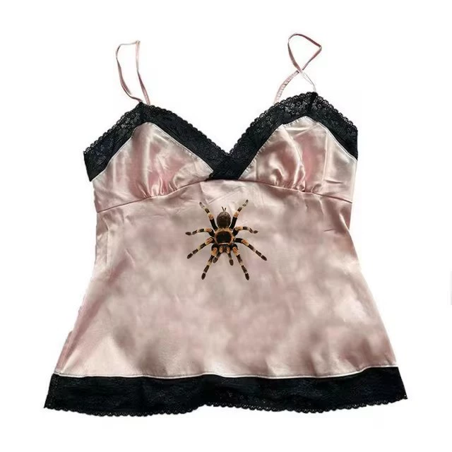 Lace-trim fitted camisole, cute print American style, multiple colors S–L