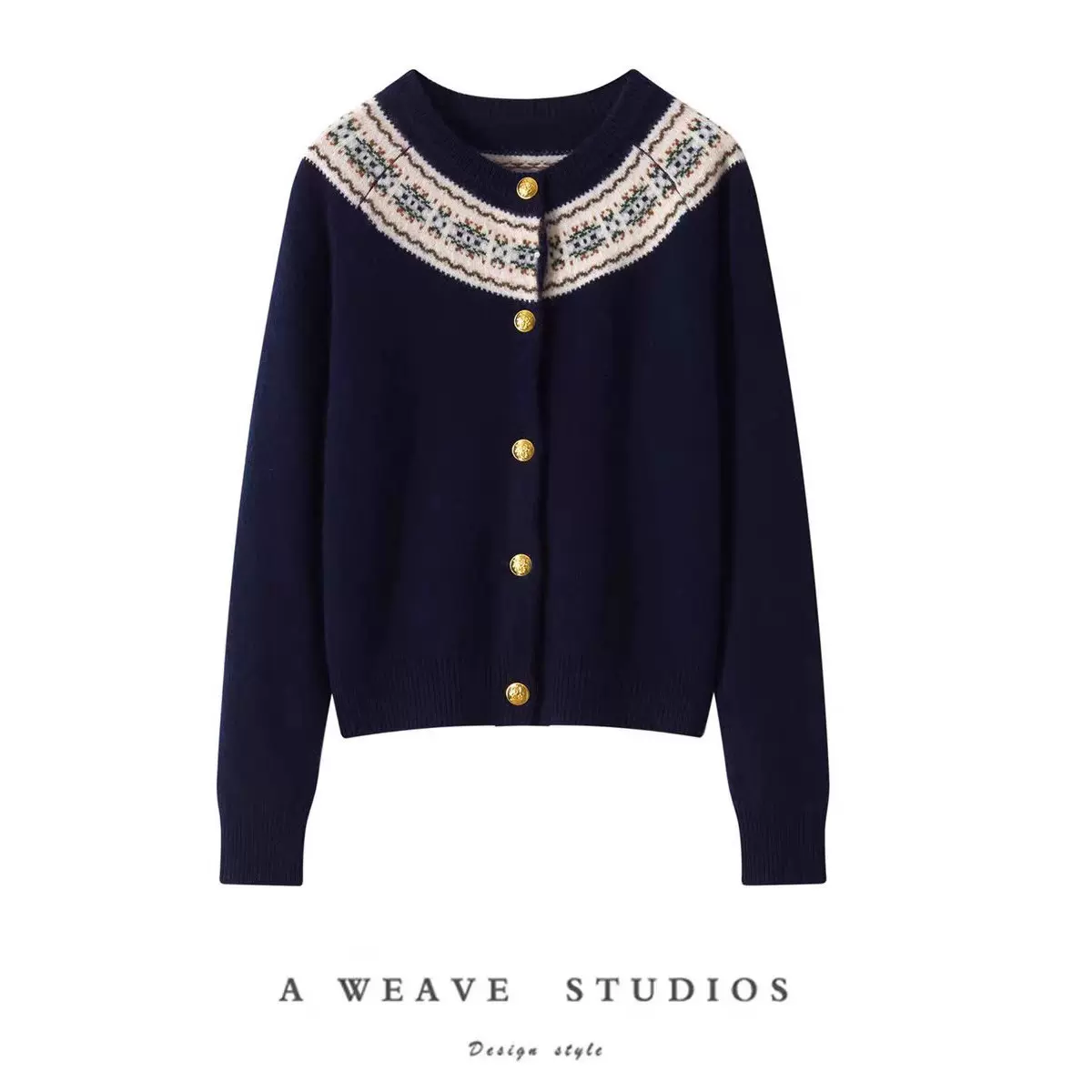 费尔岛100%纯羊毛圆领开衫女秋冬拼色提花显瘦气质针织衫毛衣外套