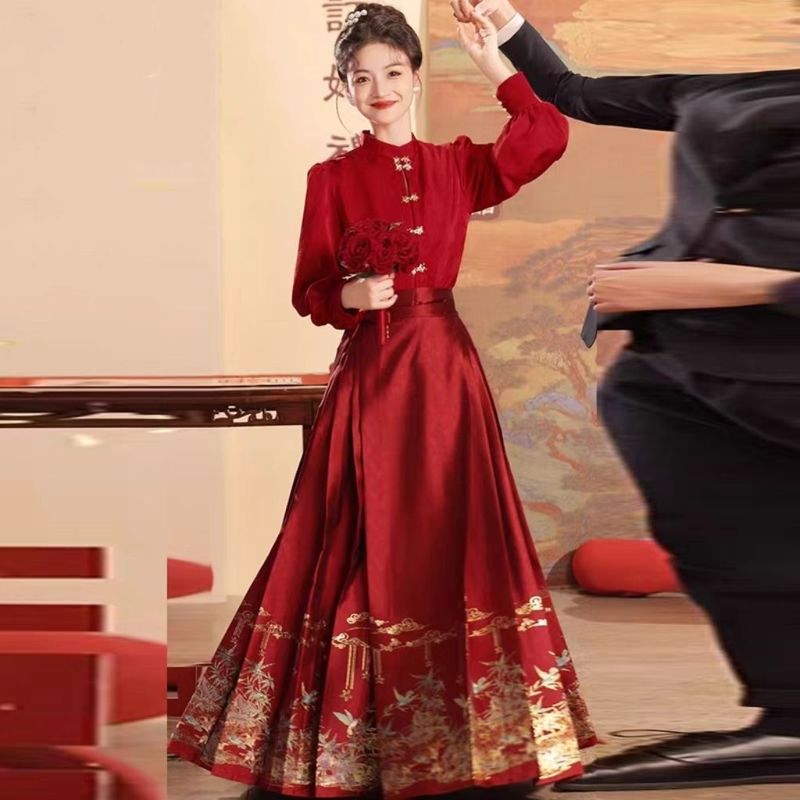 大码胖mm红色马面裙敬酒服秋冬加绒厚新娘中式订婚礼服套装200斤|undefined