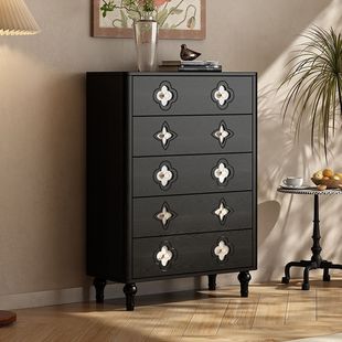 French Retro Style Chest of Drawers Black Solid Wood Bedroom Storage Cabinet Bedside Drawer Cabinet Living Room Wall Storage Chest of Drawers