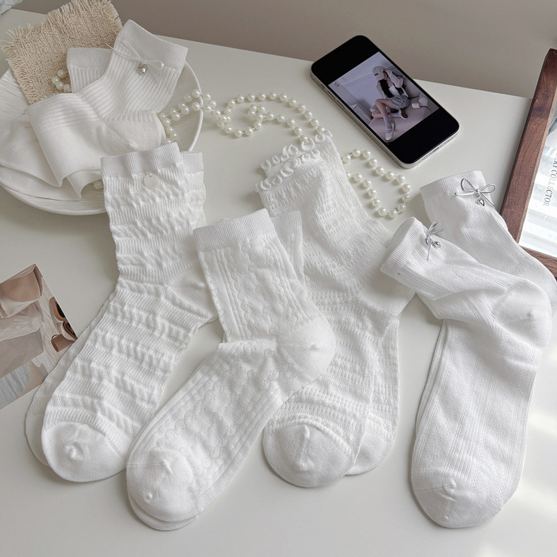 Suxinaimin White Socks for Women, Mid-Calf Socks, Summer Thin Style, Hollow Lace Socks, Heart-Shaped Bow, Slouch Socks Suxinaimin White Socks for Women, Mid-Calf Socks, Summer Thin Style, Hollow Lace Socks, Heart-Shaped Bow, Slouch Socks
