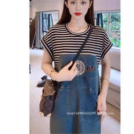 假两件复古牛仔连衣裙女夏季法式小众设计感拼接休闲显瘦A字裙