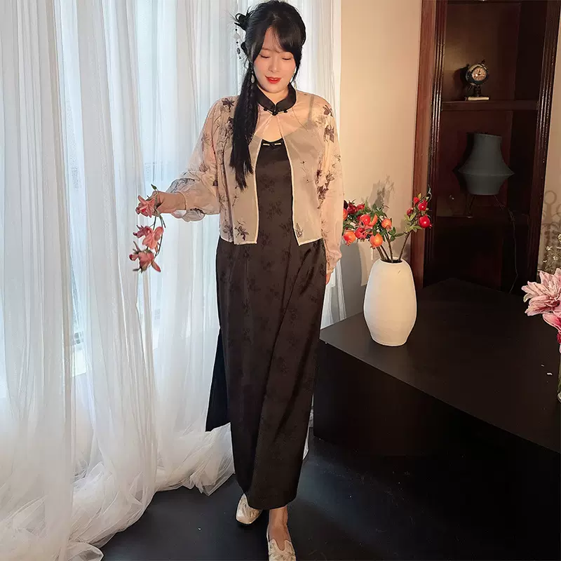 51737新中式盘扣印花灯笼袖开衫秋季薄款提花吊带连衣裙大码套装