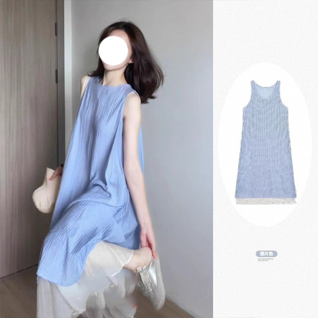 韓国スタイルのノースリーブベスト偽ツーピースドレス女性の夏の新しいスタイルの怠惰でリラックスしたブルーのミドル丈スカート|undefined