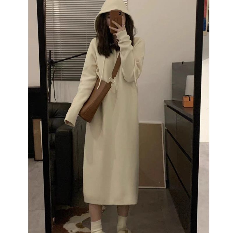 Autumn and Winter Mid-length Lazy Style Loose Interior Cream Thickened Sweater Dress Hooded Knitted dress Slimming