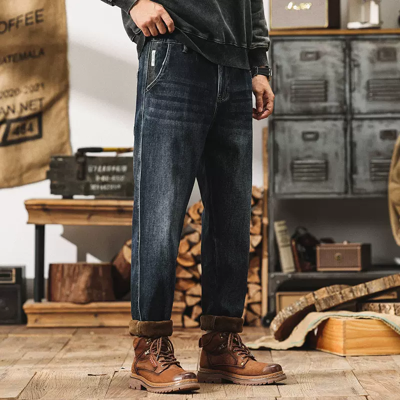 大码男装冬季品质加绒牛仔裤男士宽松弹力一体绒保暖牛仔裤男批发