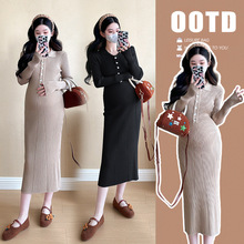 2025网红孕妇装翻领时尚孕妇连衣裙韩版显瘦孕妇裙卡其黑色