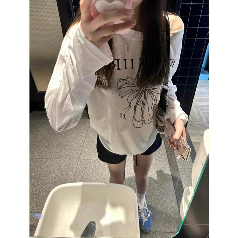 2025 New Pleated American Retro Bow Print Thin Summer Loose Top Slightly See-Through Sun Protection Blouse