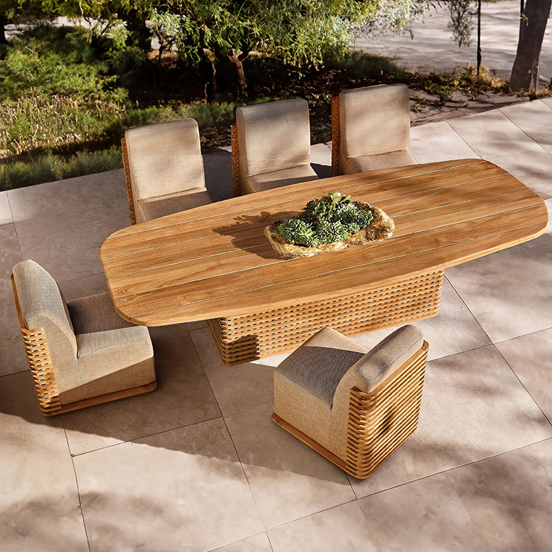 Mesa y silla de teca al aire libre, terraza de hotel, patio, diseño a prueba de agua y protección solar, jardín al aire libre, mesa y silla de madera maciza