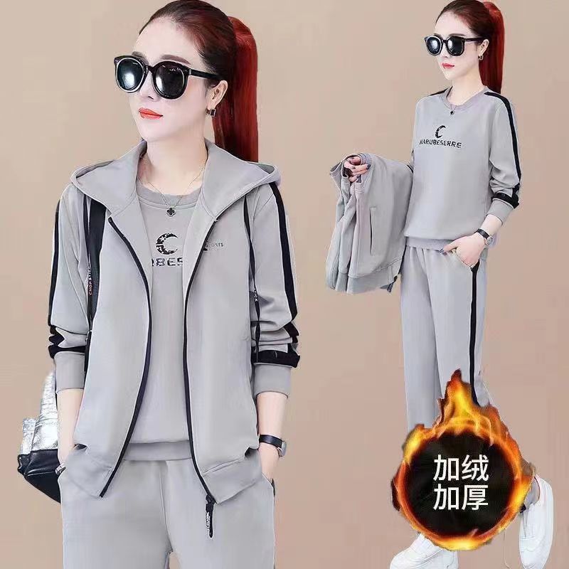 新款马甲女韩版冬季长袖加绒加厚卫衣休闲保暖运动服套装女三件套
