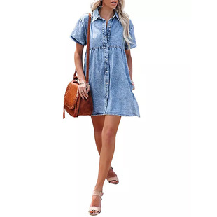 2022 Cross-Border Foreign Trade Hot Sale European and American Washed Denim Lapel Loose Sweet Ruffle Dress Short Skirt