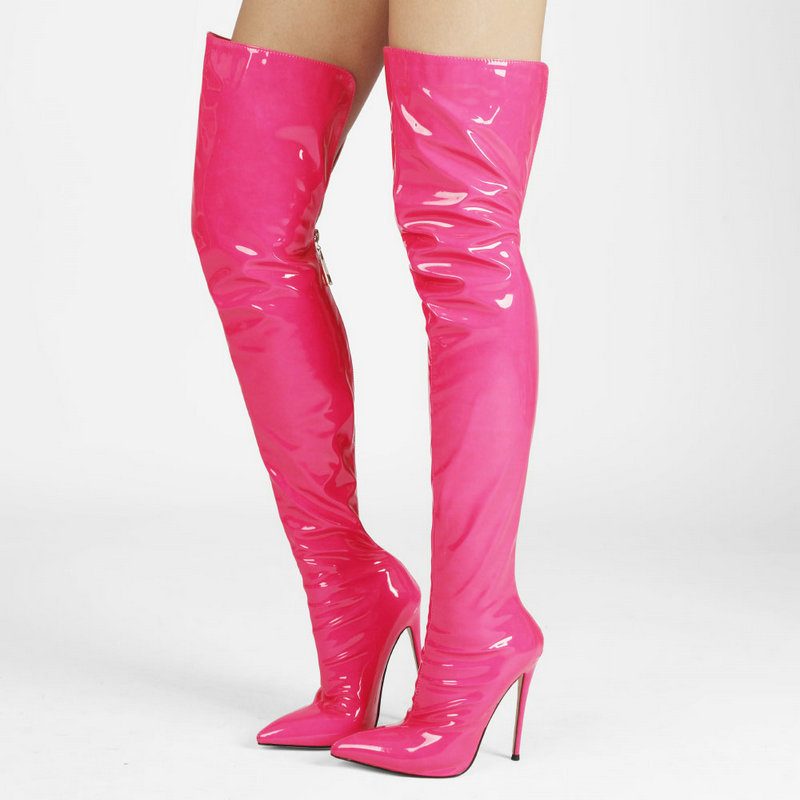Pointed-Toe Women's Boots with Thin Heels and Super High Heels, 2023 Patent Leather Women's Over-The-Knee Boots with Back Zipper, Thigh Boots for Nightclub Stage, Export Shoes