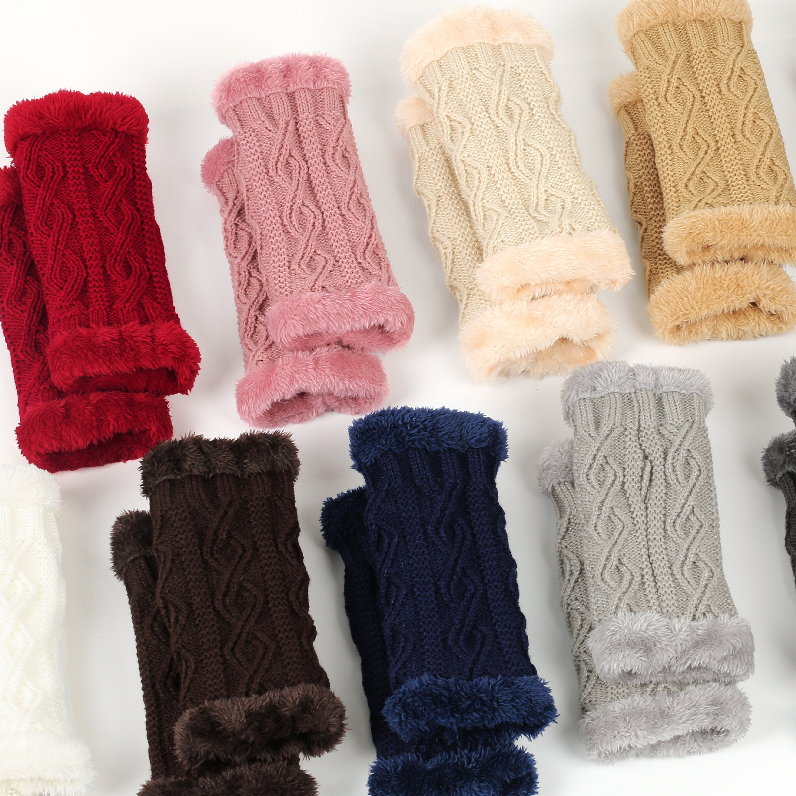 Peluş Ve Kalınlaştırılmış Eldivenler, Elmas Şekilli Kısa Örme Parmaksız Peluş Kollar, Sonbahar Ve Kış Sıcak Peluş Eldivenler_voghion.com