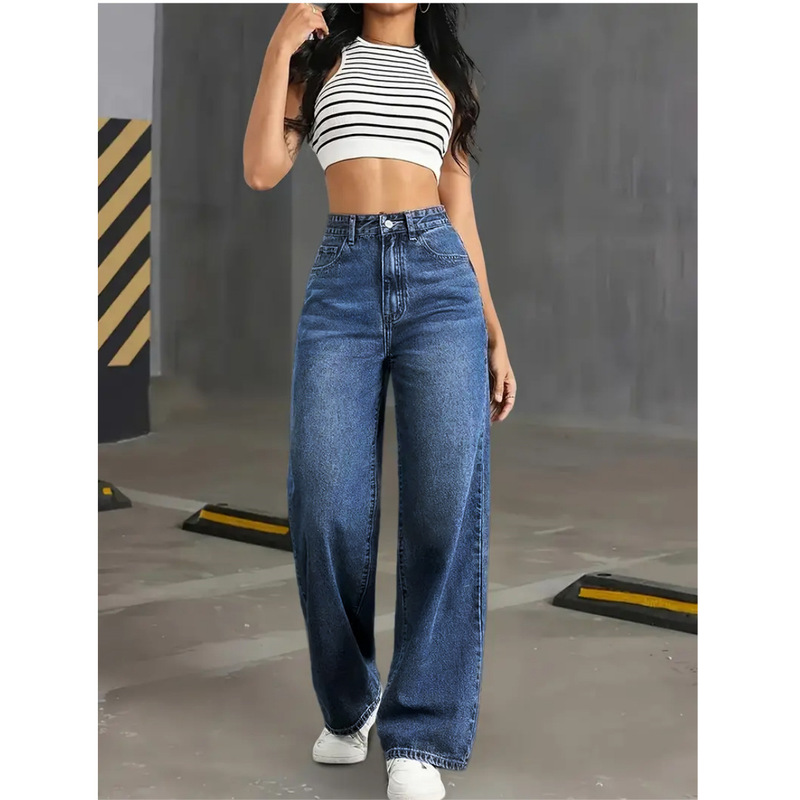 2026 Cross-Border Hot-Selling Women's High-Elastic Mid-High Waist Straight Dark Blue Washed Trendy Fashion Casual Street Jeans